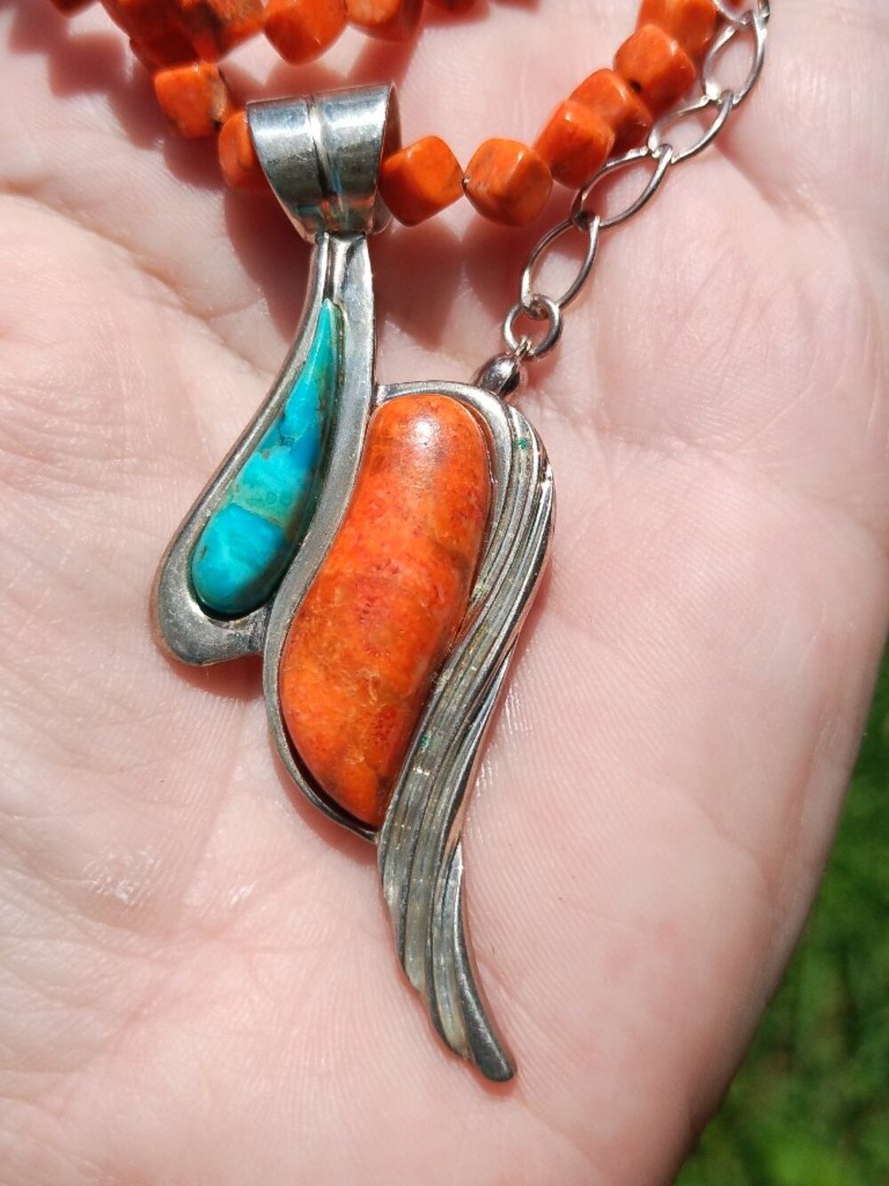 Jay King DTR mine finds coral necklace Turquoise inlay pendant 925 Sterling Silv - Picture 2 of 7